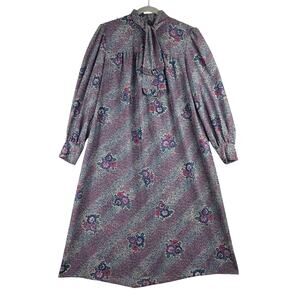 Vintage 70s Flutterbye High Neck Tie Dress Women's Medium Abstract Floral Purple